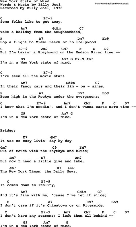 Lyrics to New York State Of Mind by Billy Joel from the 25th Anniversary Rock & Roll Hall of Fame Concerts [Nights 1 & 2] album - including song video, artist biography, translations and more! ... "New York State of Mind" is a song written by Billy Joel which initially appeared on the album Turnstiles in 1976. Although it was never …